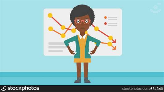 An african-american business woman showing her epmty pockets on the background of a board with decreasing chart. Bankruptcy concept. Vector flat design illustration. Horizontal layout.. Bancrupt business woman vector illustration.