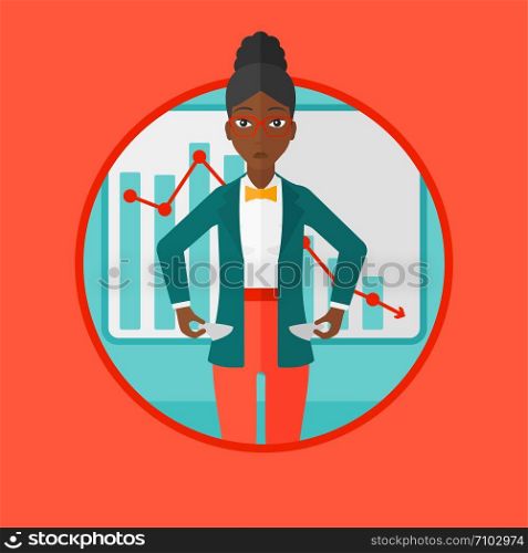 An african-american business woman showing her epmty pockets on the background of decreasing chart. Concept of business bankruptcy. Vector flat design illustration in the circle isolated on background. Bancrupt business woman vector illustration.