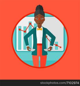 An african-american business woman showing her epmty pockets on the background of decreasing chart. Concept of business bankruptcy. Vector flat design illustration in the circle isolated on background. Bancrupt business woman vector illustration.