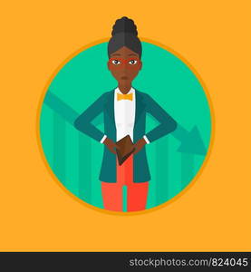 An african-american business woman showing her epmty purse on the background of decreasing chart. Concept of business bankruptcy. Vector flat design illustration in the circle isolated on background.. Bancrupt business woman vector illustration.