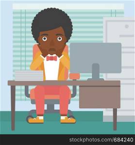 An african-american business woman sitting at workplace in front of computer monitor and clutching her head. Vector flat design illustration. Square layout.. Tired woman sitting in office vector illustration.
