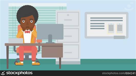 An african-american business woman sitting at workplace in front of computer monitor and clutching her head. Vector flat design illustration. Horizontal layout.. Tired woman sitting in office vector illustration.