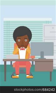 An african-american business woman sitting at workplace in front of computer monitor and clutching her head. Vector flat design illustration. Vertical layout.. Tired woman sitting in office vector illustration.