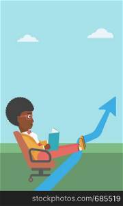 An african-american business woman sitting in a chair and reading a book while her legs lay on an uprising arrow. Business study concept. Business Vector flat design illustration. Vertical layout.. Business woman reading book vector illustration.