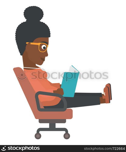 An african-american business woman sitting in chair and reading a book vector flat design illustration isolated on white background. . Business woman reading book.