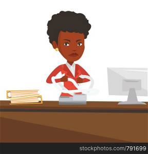 An african-american business woman sitting in office and tearing furiously bills. Young angry business woman calculating bills. Vector flat design illustration isolated on white background.. Angry business woman tearing bills or invoices.