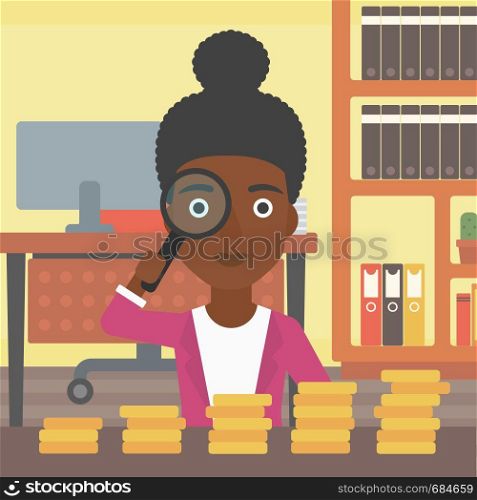 An african-american business woman sitting in the office and looking at stacks of golden coins through magnifier. Vector flat design illustration. Square layout.. Woman with magnifier looking at golden coins.