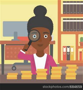 An african-american business woman sitting in the office and looking at stacks of golden coins through magnifier. Vector flat design illustration. Square layout.. Woman with magnifier looking at golden coins.