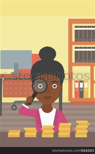 An african-american business woman sitting in the office and looking at stacks of golden coins through magnifier. Vector flat design illustration. Vertical layout.. Woman with magnifier looking at golden coins.