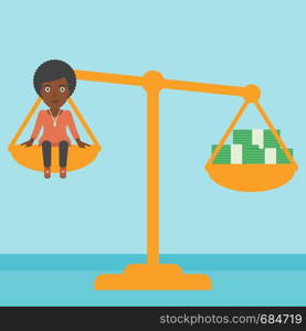 An african-american business woman sitting on a scale with stacks of money. Vector flat design illustration. Square layout.. Business woman on scale with stacks of money.