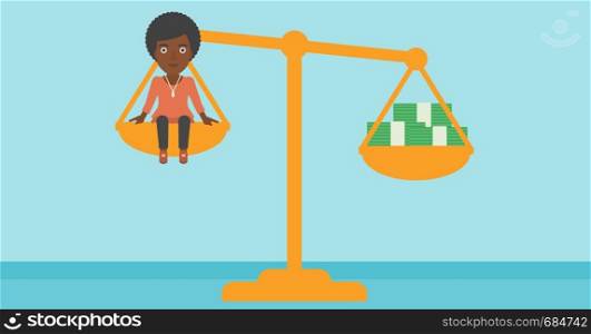 An african-american business woman sitting on a scale with stacks of money. Vector flat design illustration. Horizontal layout.. Business woman on scale with stacks of money.