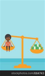 An african-american business woman sitting on a scale with stacks of money. Vector flat design illustration. Vertical layout.. Business woman on scale with stacks of money.