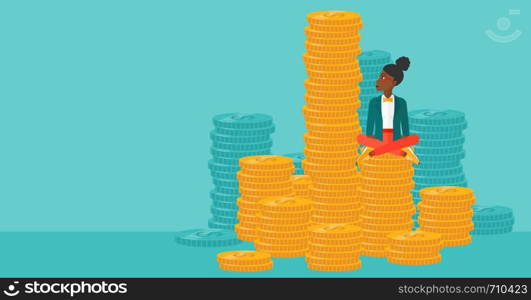 An african-american business woman sitting on stack of golden coins and looking up to the biggest one on a blue background vector flat design illustration. Horizontal layout.. Business woman sitting on gold.