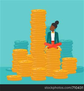 An african-american business woman sitting on stack of golden coins and looking up to the biggest one on a blue background vector flat design illustration. Square layout.. Business woman sitting on gold.