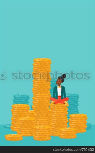 An african-american business woman sitting on stack of golden coins and looking up to the biggest one on a blue background vector flat design illustration. Vertical layout.. Business woman sitting on gold.