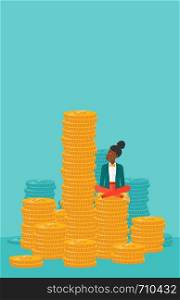 An african-american business woman sitting on stack of golden coins and looking up to the biggest one on a blue background vector flat design illustration. Vertical layout.. Business woman sitting on gold.