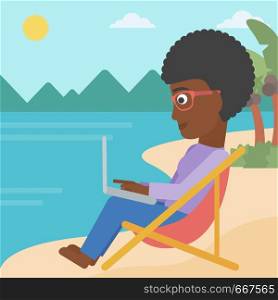 An african-american business woman sitting on the beach in chaise lounge and working on a laptop vector flat design illustration. Square layout.. Business woman sitting in chaise lounge with laptop.