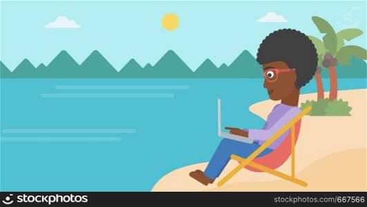An african-american business woman sitting on the beach in chaise lounge and working on a laptop vector flat design illustration. Horizontal layout.. Business woman sitting in chaise lounge with laptop.
