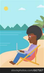 An african-american business woman sitting on the beach in chaise lounge and working on a laptop vector flat design illustration. Vertical layout.. Business woman sitting in chaise lounge with laptop.