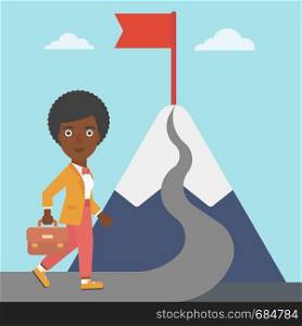 An african-american business woman standing at the foot of the mountain. Business woman walking on road leading to flag on the top of the mountain. Vector flat design illustration. Square layout.. Leader business woman vector illustration.
