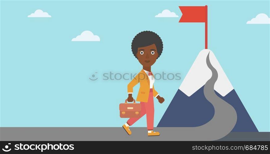 An african-american business woman standing at the foot of the mountain. Business woman walking on road leading to flag on the top of the mountain. Vector flat design illustration. Horizontal layout.. Leader business woman vector illustration.