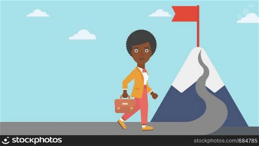 An african-american business woman standing at the foot of the mountain. Business woman walking on road leading to flag on the top of the mountain. Vector flat design illustration. Horizontal layout.. Leader business woman vector illustration.