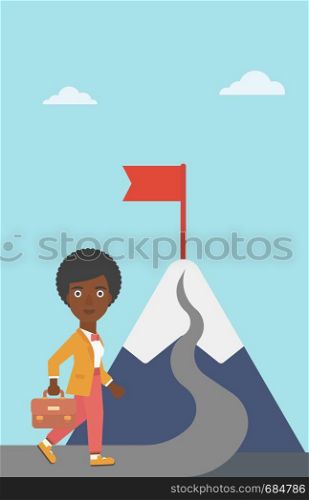An african-american business woman standing at the foot of the mountain. Business woman walking on road leading to flag on the top of the mountain. Vector flat design illustration. Vertical layout.. Leader business woman vector illustration.