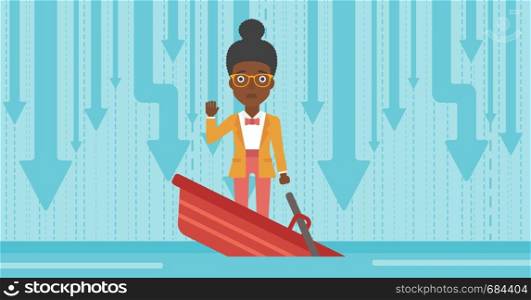 An african-american business woman standing in a sinking boat and asking for help. Concept of business bankruptcy. Vector flat design illustration. Horizontal layout.. Business woman standing in sinking boat.