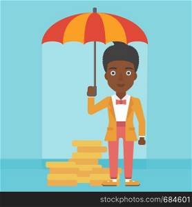 An african-american business woman standing in the rain and holding an umbrella over gold coins. Business insurance concept. Vector flat design illustration. Square layout.. Business woman with umbrella protecting money.