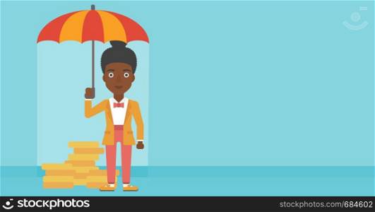 An african-american business woman standing in the rain and holding an umbrella over gold coins. Business insurance concept. Vector flat design illustration. Horizontal layout.. Business woman with umbrella protecting money.