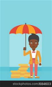 An african-american business woman standing in the rain and holding an umbrella over gold coins. Business insurance concept. Vector flat design illustration. Vertical layout.. Business woman with umbrella protecting money.