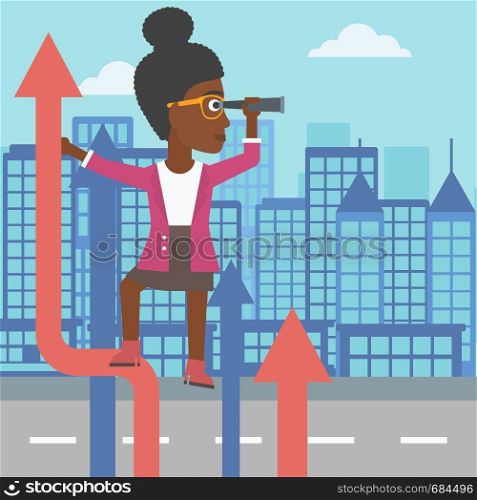 An african-american business woman standing on the top of arrow and looking through spyglass on the background of modern city. Vector flat design illustration. Square layout.. Businessman woman with spyglass on rising arrow.