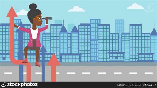 An african-american business woman standing on the top of arrow and looking through spyglass on the background of modern city. Vector flat design illustration. Horizontal layout.. Businessman woman with spyglass on rising arrow.