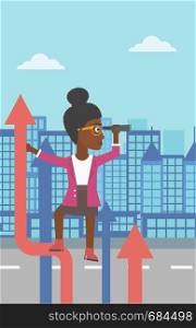 An african-american business woman standing on the top of arrow and looking through spyglass on the background of modern city. Vector flat design illustration. Vertical layout.. Businessman woman with spyglass on rising arrow.