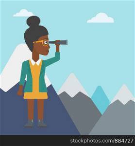 An african-american business woman standing on the top of mountain with spyglass. Business woman looking for business opportunities, success. Vector flat design illustration. Square layout.. Business woman looking through spyglass.