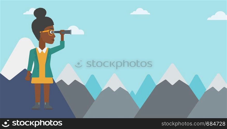 An african-american business woman standing on the top of mountain with spyglass. Business woman looking for business opportunities, success. Vector flat design illustration. Horizontal layout.. Business woman looking through spyglass.
