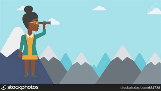 An african-american business woman standing on the top of mountain with spyglass. Business woman looking for business opportunities, success. Vector flat design illustration. Horizontal layout.. Business woman looking through spyglass.