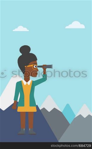 An african-american business woman standing on the top of mountain with spyglass. Business woman looking for business opportunities, success. Vector flat design illustration. Vertical layout.. Business woman looking through spyglass.