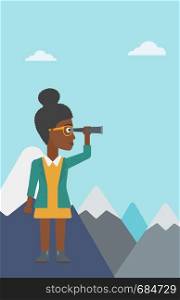 An african-american business woman standing on the top of mountain with spyglass. Business woman looking for business opportunities, success. Vector flat design illustration. Vertical layout.. Business woman looking through spyglass.