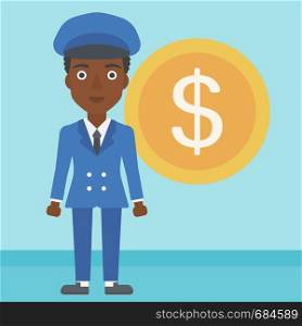 An african-american business woman standing with a big dollar coin behind her. Successful business concept. Vector flat design illustration. Square layout.. Successful business woman with dollar coin.
