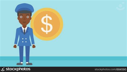 An african-american business woman standing with a big dollar coin behind her. Successful business concept. Vector flat design illustration. Horizontal layout.. Successful business woman with dollar coin.