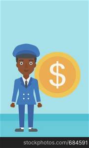 An african-american business woman standing with a big dollar coin behind her. Successful business concept. Vector flat design illustration. Vertical layout.. Successful business woman with dollar coin.