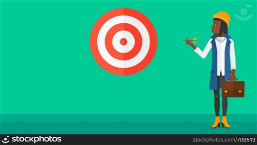An african-american business woman standing with arrow in hand and aiming at a target board on a green background vector flat design illustration. Horizontal layout.. Business woman with target board.