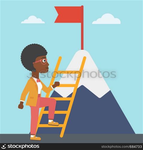 An african-american business woman standing with ladder near the mountain. Business woman climbing the mountain with a red flag on the top. Vector flat design illustration. Square layout.. Business woman climbing on mountain.