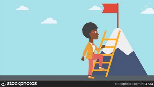 An african-american business woman standing with ladder near the mountain. Business woman climbing the mountain with a red flag on the top. Vector flat design illustration. Horizontal layout.. Business woman climbing on mountain.