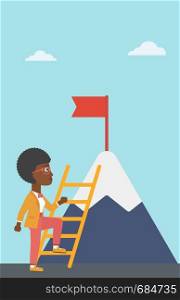An african-american business woman standing with ladder near the mountain. Business woman climbing the mountain with a red flag on the top. Vector flat design illustration. Vertical layout.. Business woman climbing on mountain.