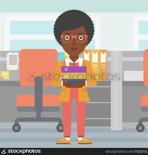An african-american business woman standing with pile of folders in the office. Business woman carrying stack of folders. Vector flat design illustration. Square layout.. Business woman holding pile of folders.