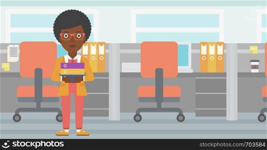 An african-american business woman standing with pile of folders in the office. Business woman carrying stack of folders. Vector flat design illustration. Horizontal layout.. Business woman holding pile of folders.