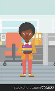 An african-american business woman standing with pile of folders in the office. Business woman carrying stack of folders. Vector flat design illustration. Vertical layout.. Business woman holding pile of folders.