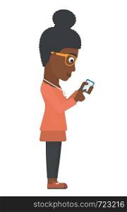 An african-american business woman using mobile phone vector flat design illustration isolated on white background.. Business woman using mobile phone